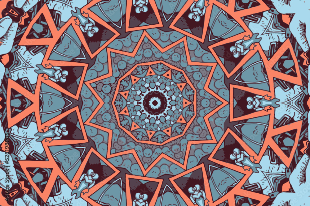 Round geometric mandala with ethnic floral motif background