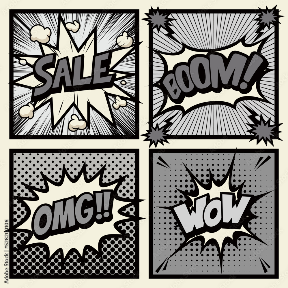Fototapeta premium Black and white pop art comics book magazine, speech bubble, balloon, box message, Sale, Boom, OMG, Wow.