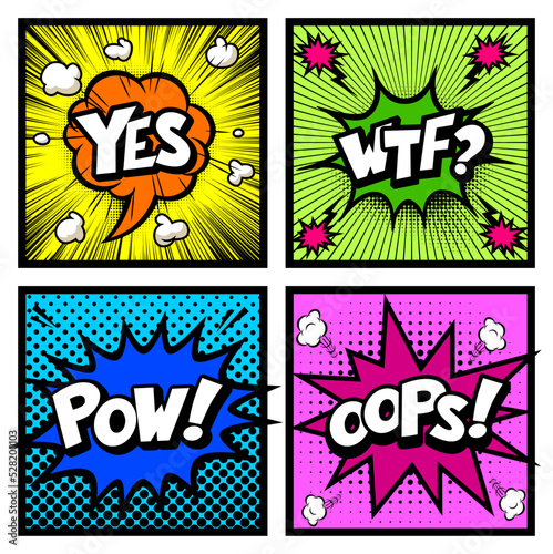 Pop art comics book magazine, speech bubble, balloon, box message, Yes, WTF, Pow, Oops.