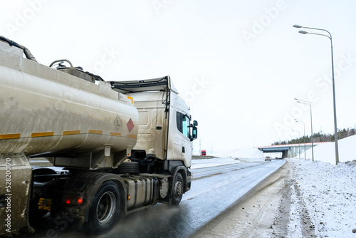 A semi-trailer truck, semitruck, tractor unit and semi-trailer to carry freight.