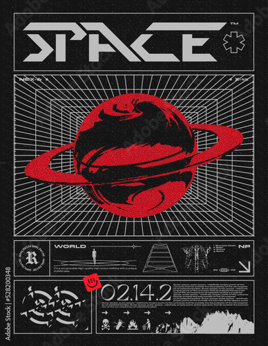 Retro futuristic poster with planet and rings, and grunge textures. Fashionable print for clothes, t-shirts, hoodies and sweaters. isolated on black background