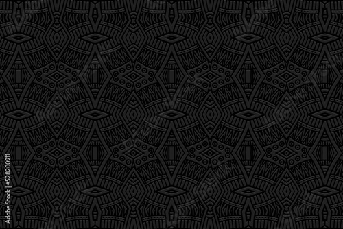 Embossed black background, ethnic vintage cover design. Geometric original 3D pattern, handmade, boho style. Exotic tribal ornaments of East, Asia, India, Mexico, Aztecs, Peru.