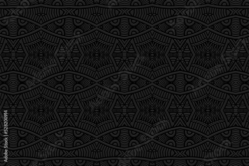 Embossed black background, ethnic vintage cover design. Geometric trendy 3D pattern, hand drawn, boho style. Exotic tribal ornaments of East, Asia, India, Mexico, Aztecs, Peru.
