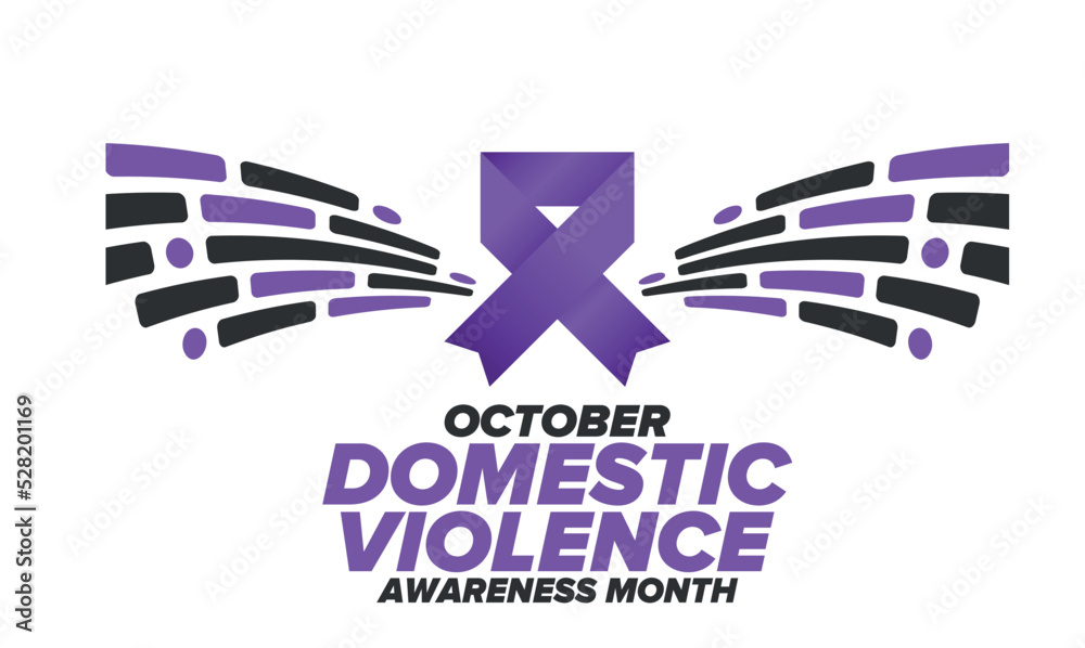 Obraz premium Domestic Violence Awareness Month in October. Celebrate annual in United States. Awareness purple ribbon. Day of Unity. Prevention campaign. Stop women abuse. Poster, banner and background. Vector
