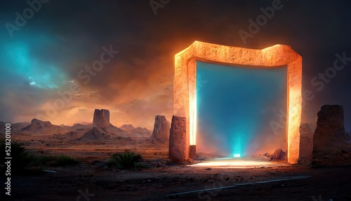 Square illuminated portal opened in desert under cloudy sky