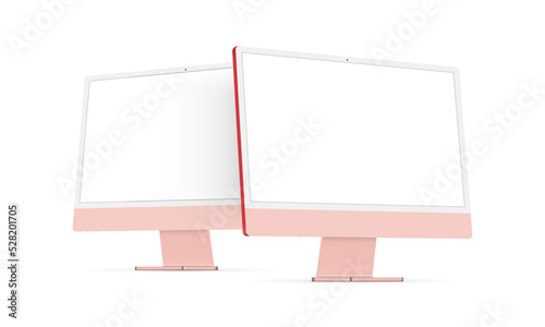 Modern Pink Computer Monitors With Blank Screens, Side Perspective View, Isolated on White Background. Vector Illustration