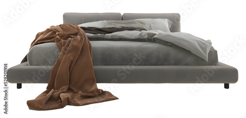 Messy modern gray brown bedding set and blanket, bed, front view