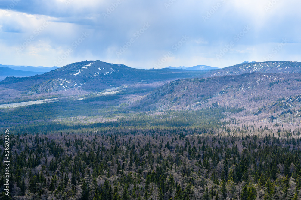 South Ural Mountains with a unique landscape, vegetation and diversity of nature in spring.