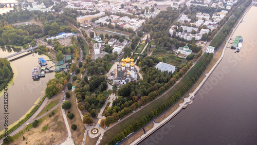 Canvastavla Drone aerial view of the historical center of Yaroslavl, Russia, with the Cathedral of the Assumption and the boulevard at sunset
