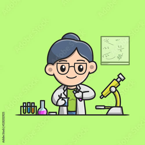 Cute Female Scientist Experimenting In The Laboratory
Cartoon Vector Icon Illustration. People Science Icon Concept
Isolated Premium Vector. Flat Cartoon Style