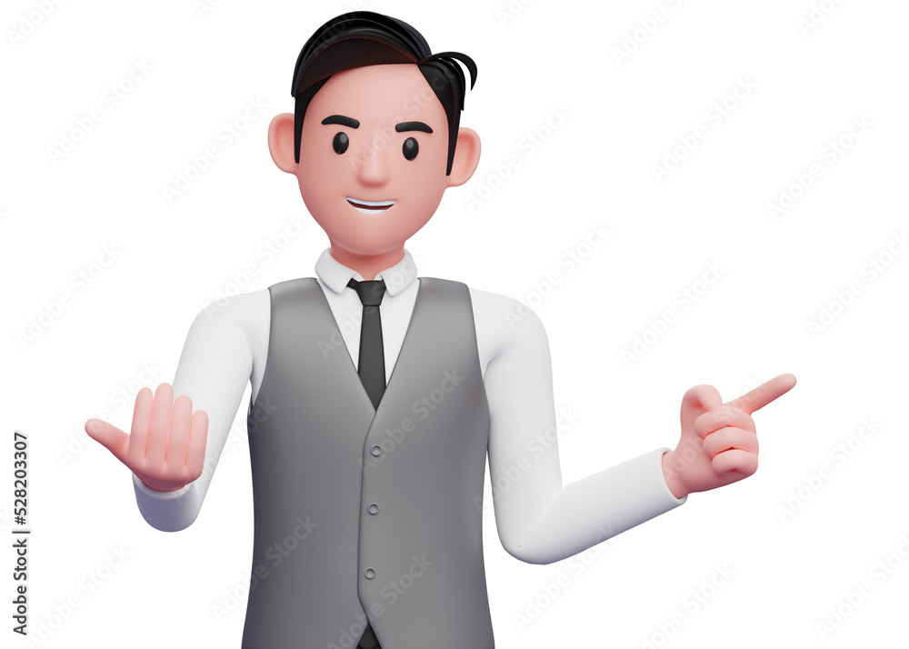 businessman in gray vest suit doing come here gesture and pointing to the side, 3d illustration of a businessman pointing and inviting to join businessman in gray vest suit doing come here gesture and pointing to the side, 3d illustration of a businessman pointing and inviting to join