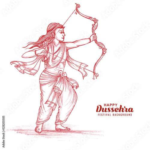 Hnad draw sketch lord rama with arrow killing ravana in navratri festival background
