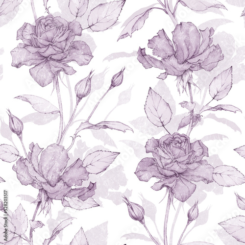 Floral delicato background with beautiful pink rosses. Seamless botanical pattern. Hand drawing.