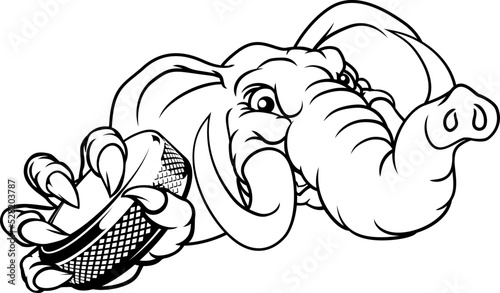 An elephant ice hockey player animal sports mascot holding a puck