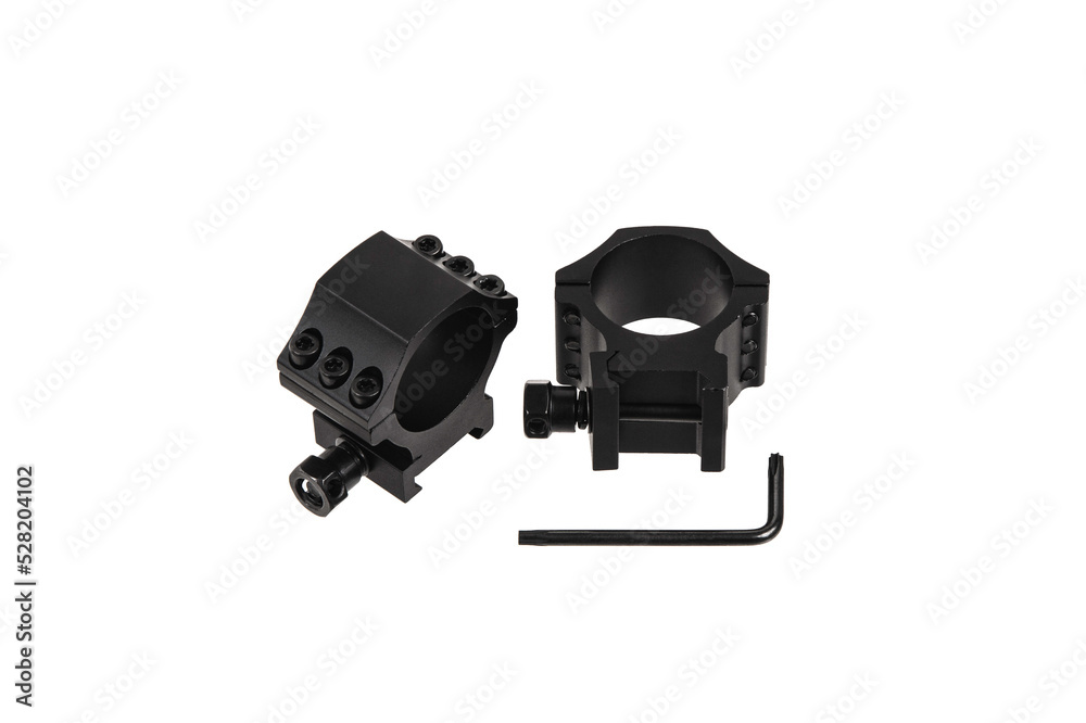 Quick disconnect mount made for holding a scope on a rifle isolated on white back. Quick Release Sniper Cantilever Scope Mount.