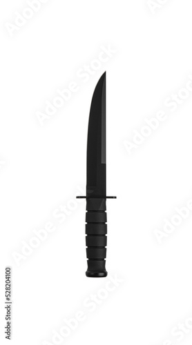 Modern hunting knife with black blade and rubber handle. Steel arms. Isolate on a white back.