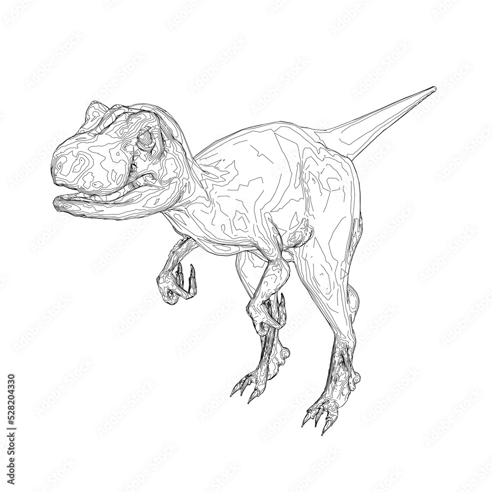 Outline of a dinosaur from black lines isolated on a white background. 3D. Vector illustration.