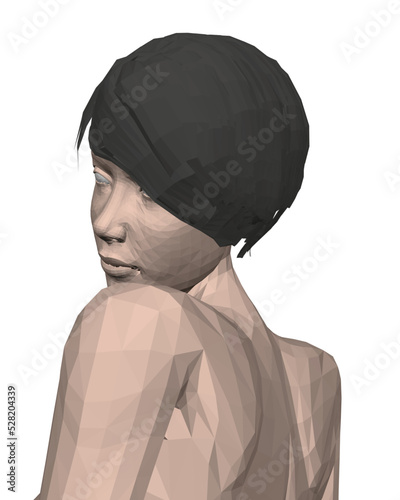 Polygonal model of a naked girl with a short haircut made isolated on a white background. The girl sadly looks away. View from the back. 3D. Vector illustration.