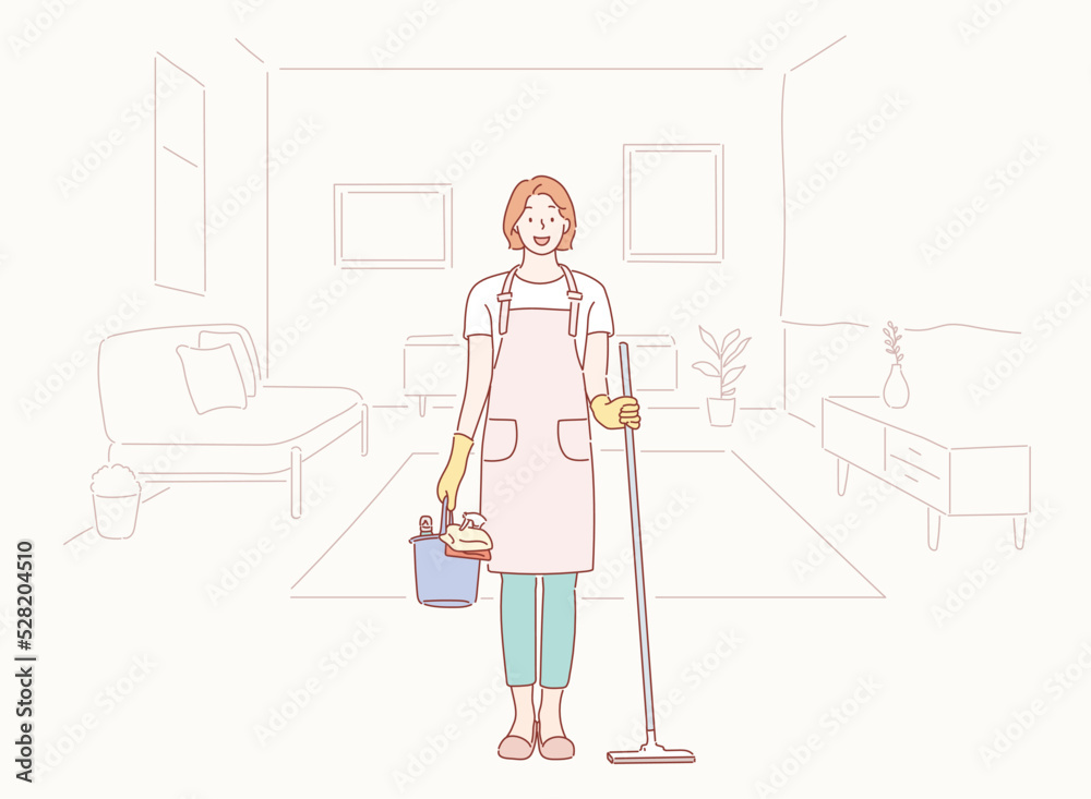 Smiling woman doing housework. Hand drawn style vector design illustrations.