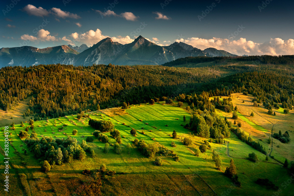 View of the Tatra Mountains from Osturna in Slovakia. Summer, mountain, glade. Widok na Tatry z Osturni na Słowacji. Lato, góra, polana. 
