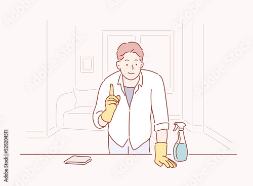 Smiling man doing housework. Hand drawn style vector design illustrations.