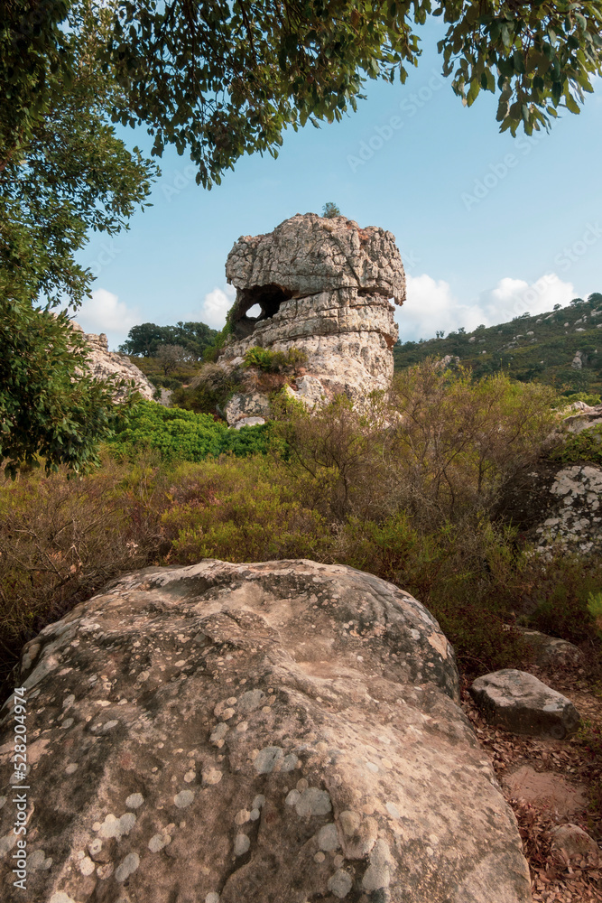 Scenery. Alcornocales Natural Park. View of the rock called La Montera del Torero, located in la Ruta del Toro. Los Barrios town, Spain