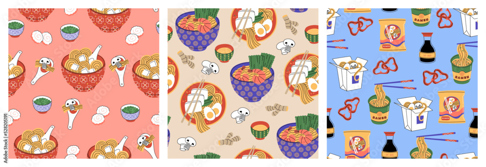 Set of three seamless pattern with ramen noodle. Different recipes of hot meal. Soup with shrimps, eggs, mushrooms, tofu, meat, chopsticks, souse. Hand drawn vector illustration, flat cartoon style