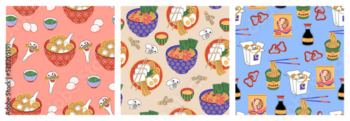 Set of three seamless pattern with ramen noodle. Different recipes of hot meal. Soup with shrimps, eggs, mushrooms, tofu, meat, chopsticks, souse. Hand drawn vector illustration, flat cartoon style