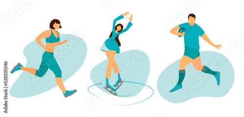 Collection of men and women performing various sports activities. People is running  jogging  figure skating  rugby Vector illustration in flat cartoon style isolated