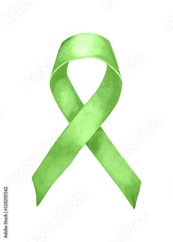 Watercolor green ribbon isolated on ransparent. Symbol of World Mental Heath. Hand draw watercolor illustration. PNG. photo