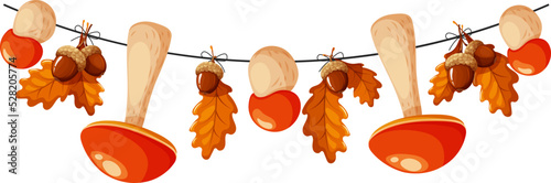 Aspen mushrooms on a rope, garland with mushrooms and acorns, autumn garland