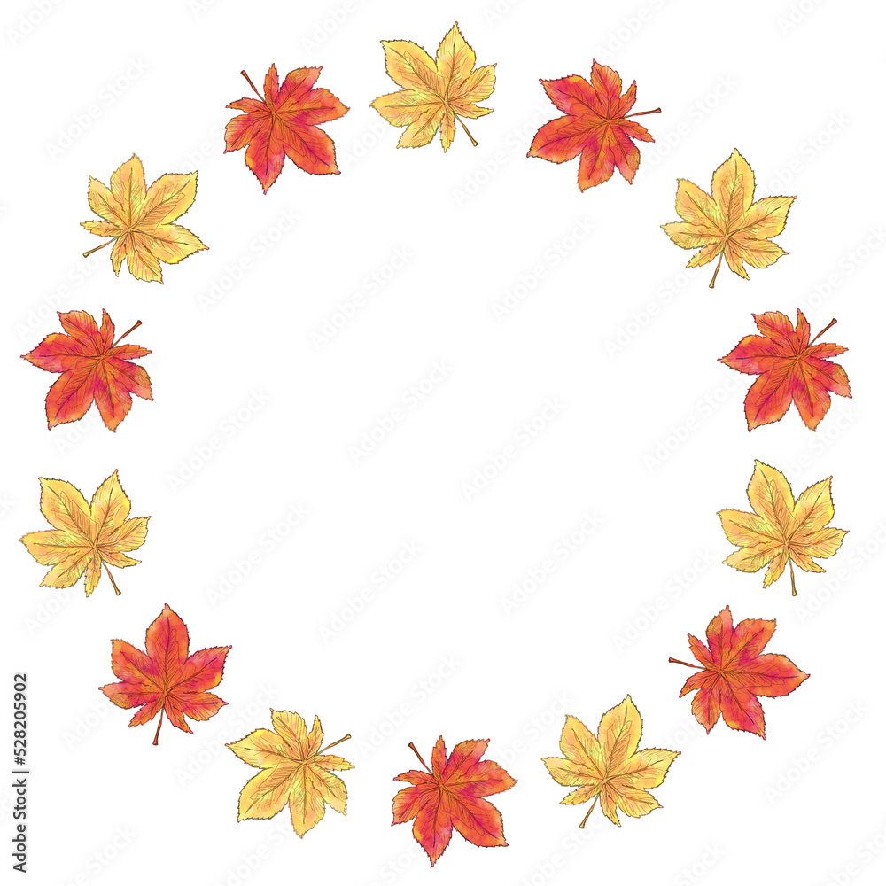 紅葉したもみじの葉っぱ水彩画風手描きイラスト輪フレーム