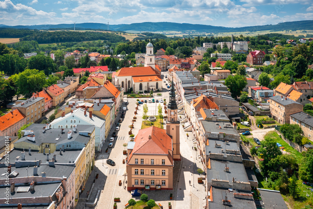 Beautiful architecture of Bolkow town with the historic castle in Lower Silesia at summer. Poland