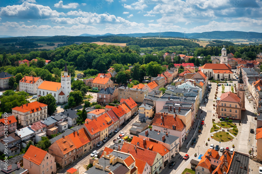 Beautiful architecture of Bolkow town with the historic castle in Lower Silesia at summer. Poland