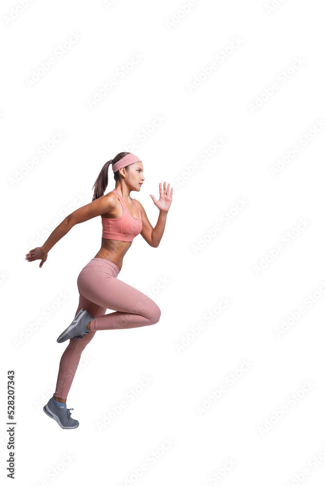 Full body length shot of young sporty Asian woman fitness model in pink-top sportswear running. isolated on white background. Fitness and healthy lifestyle concept.