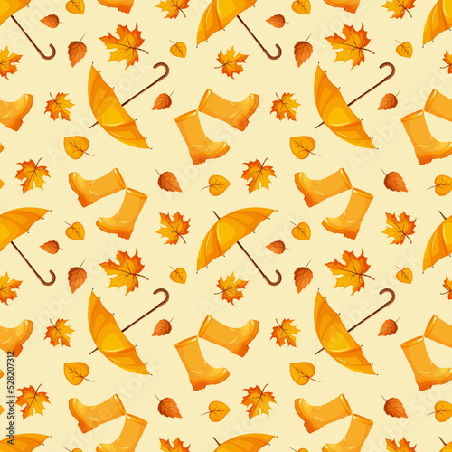 Seamless pattern with rubber boots, umbrella and autumn leaves in yellow on light background