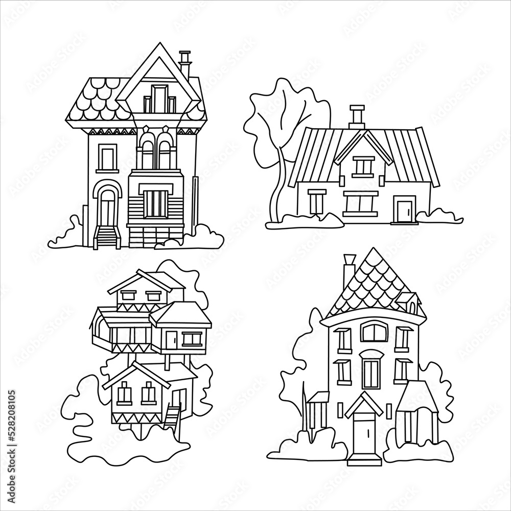 Outline citycsape Set of vector houses for coloring book Big cottage, country house and tree house