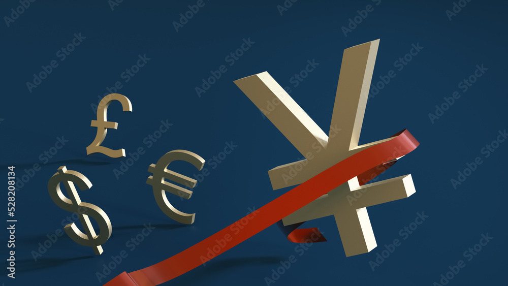 Yen symbol breaks the finish line, overtaking the symbols of other currencies - Pound sterling , dollar, euro . 3D rendering. Finance concept.