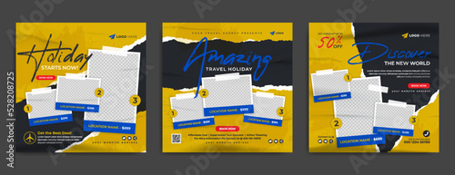 Travel business marketing social media banner post template. Travelling, tour & tourism online promotion flyer. Summer beach holiday web poster with abstract paint brush stroke, agency logo & icon.   