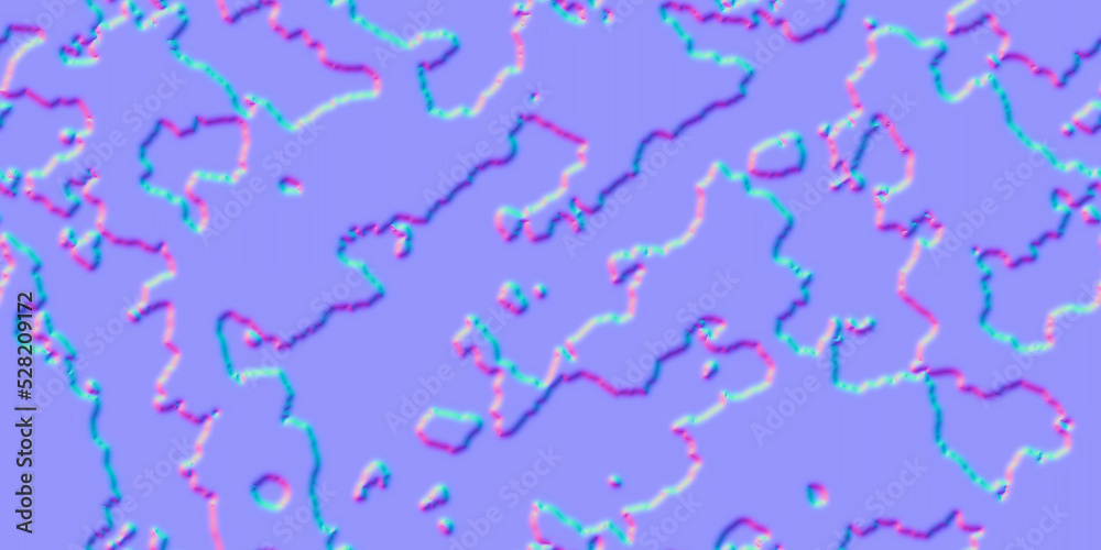 Normal map of grunge surface with amorphous spots as a seamless pattern. Spotted background. Animal print. Bump mapping of planet texture with continents. 3d rendering shader of aged material
