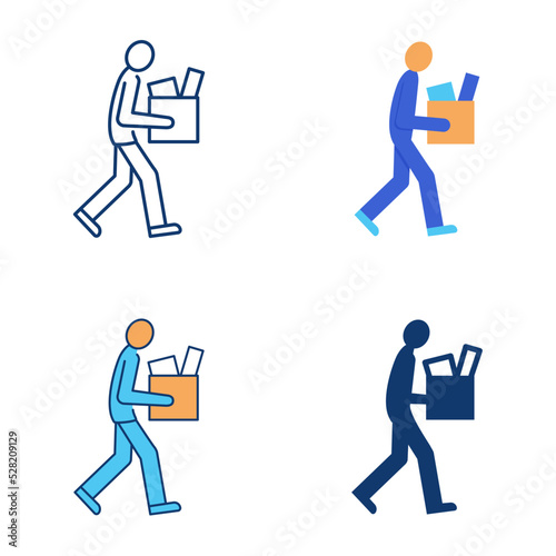 Dismissed man with box icon set in flat and line style