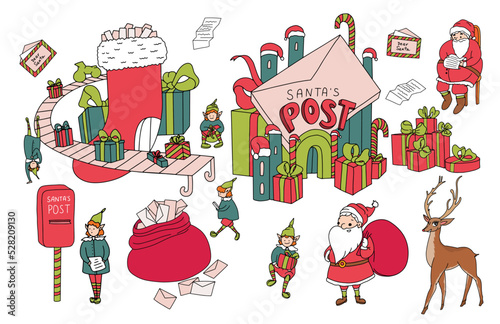 Christmas set with Santa's Workshop, post, office, house, gift factory, elves, deer, Christmas sock. Santa reading a letter. Santa's mailbox, bag with letters. New Year design elements
