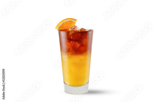 Bumble coffee with orange juice and espresso, Americano coffee in glass isolated on white background.