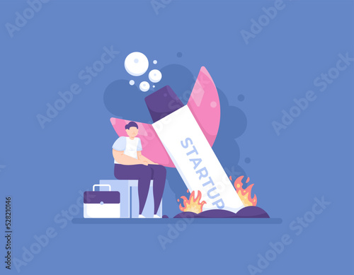 startup business failure. a businessman is depressed because his rocket fell to the ground and was damaged. metaphor of a company experiencing bankruptcy and collapse. business problems and risks