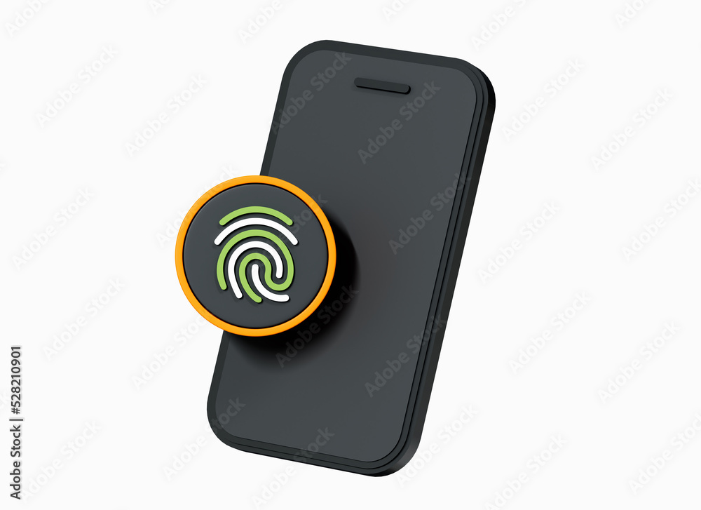 3D Mobile Phone with Fingerprint. Touch ID finger scan on smartphone. Biometric password. Data protection and privacy concept. Cartoon creative design icon isolated on white background. 3D Rendering 3D Mobile Phone with Fingerprint. Touch ID finger scan on smartphone. Biometric password. Data protection and privacy concept. Cartoon creative design icon isolated on white background. 3D Rendering