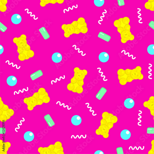 Vector seamless pattern with jelly bears, bubbles and chewing gums.