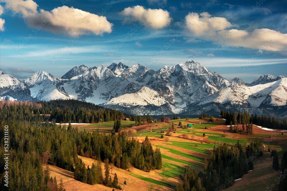 View of the Tatra Mountains, meadows, pastures, from Gliczarów Górny. Spring, Poland. Widok na Tatry, góry, łąki, hale, z Gliczarowa Górnego. Wiosna, Podhale, Polska. Krajobraz