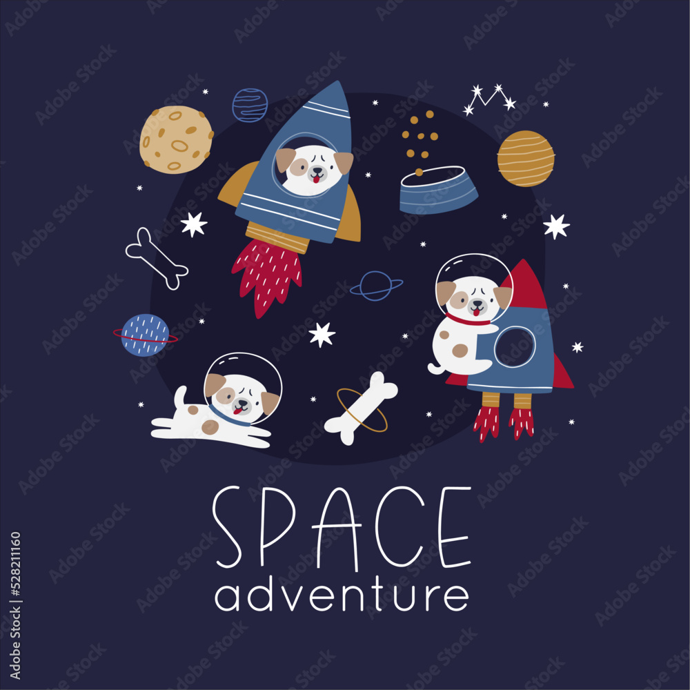 Cute cartoon dog in space vector illustration. Collection of dogs