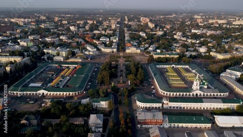 ultra hd video footage 4k Aerial view of the city of Kostroma, Russia. The quadcopter flies over the old city.