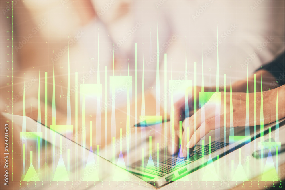 Double exposure of woman hands typing on computer and forex chart hologram drawing. Stock market invest concept. Double exposure of woman hands typing on computer and forex chart hologram drawing. Stock market invest concept.